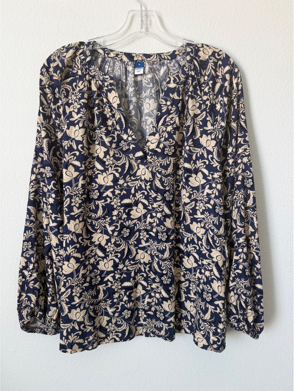 Old Navy Blue/Cream Floral Peasant Long Sleeve V-Neck Boho Blouse Women's Size M